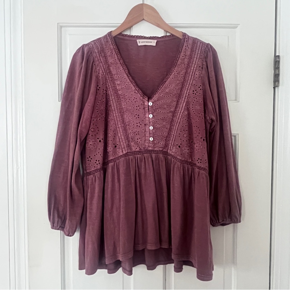Lucky Brand Dusty Rose Eyelet Peasant Top  Medium - Picture 4 of 9